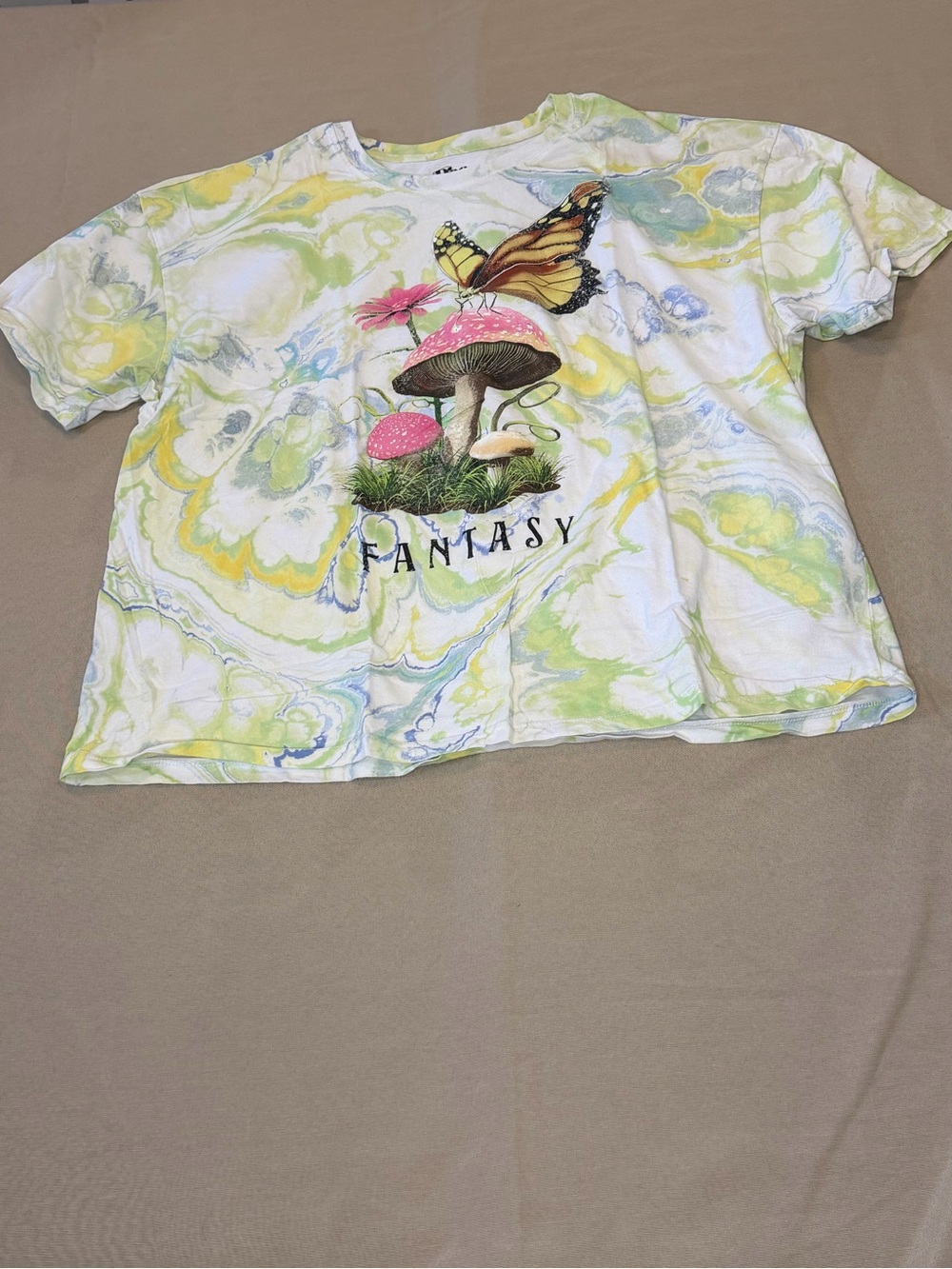 DOPE White Tie-Dye Tee with Mushroom & Butterfly Graphic